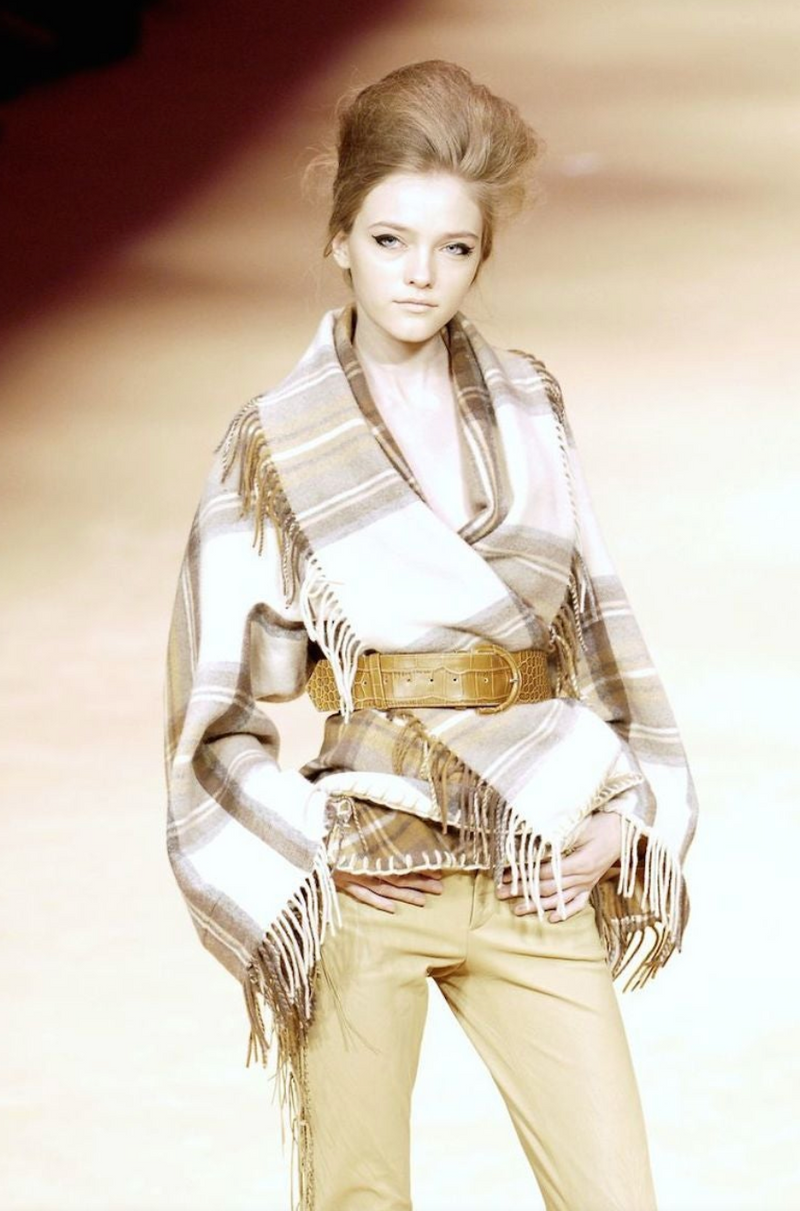 Fall 2005 Alexander McQueen Runway Look 27 Plaid Wrap Jacket w Wide Collar & Fringing