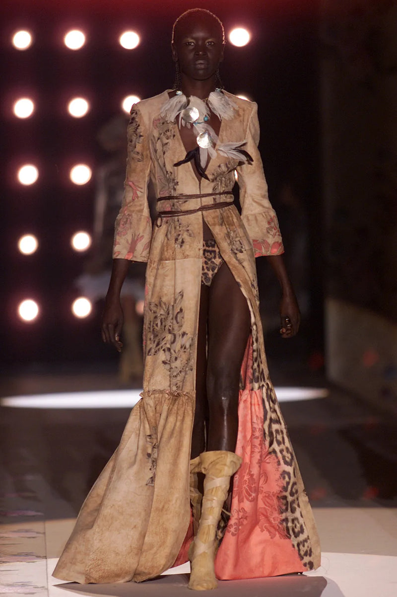 Extraordinary Spring 2002 Roberto Cavalli Runway Look 5 Hand Painted Distressed Suede Full Length Coat