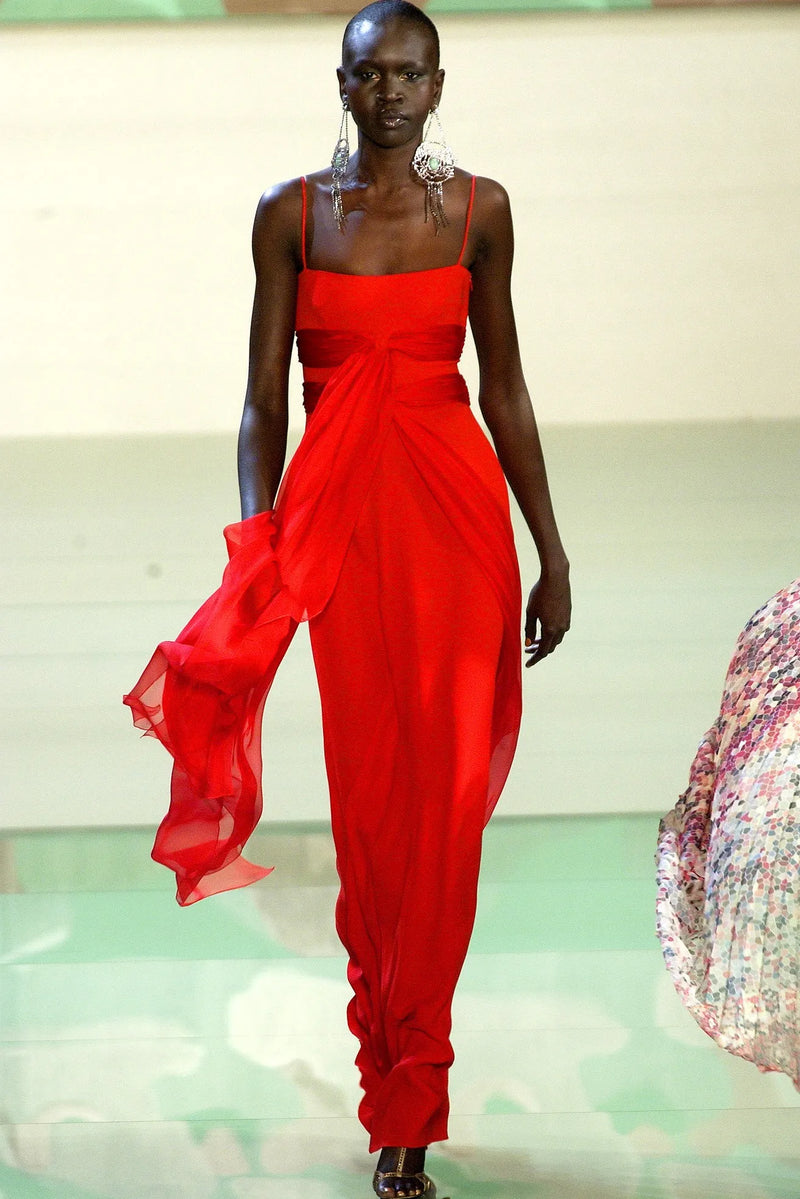 Gorgeous Spring 2003 Valentino Look 64 Red Silk Dress w Silk Chiffon Ties