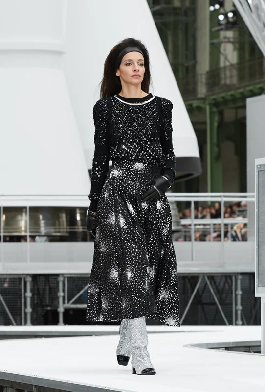 Beautiful Fall 2017 Chanel by Karl Lagerfeld Runway Look 85 Black Skirt w Silver Sequins