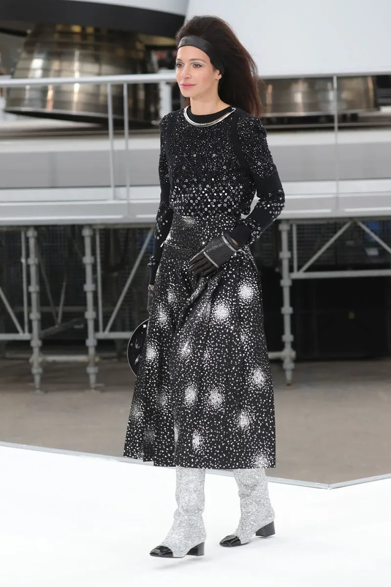 Beautiful Fall 2017 Chanel by Karl Lagerfeld Runway Look 85 Black Skirt w Silver Sequins