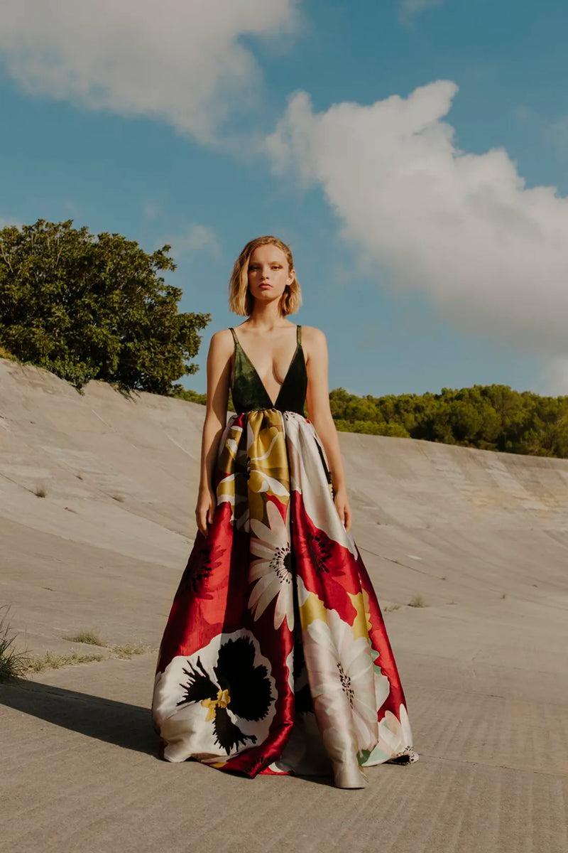 Exquisite Fall 2018 Valentino by Pierpaolo Piccioli Green Velvet Halter Dress w Floral Skirt