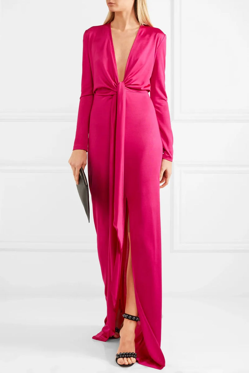 Spring 2018 Givenchy Deep Pink Long Tie Detailed Front Plunge Jersey Dress