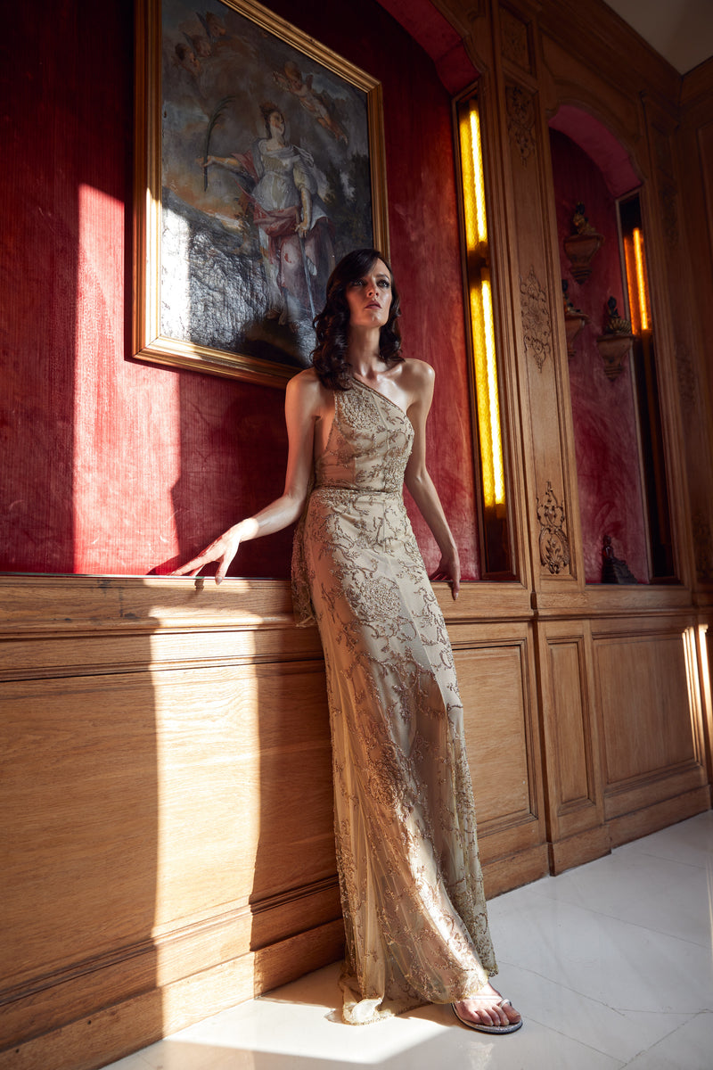 Exquisite Spring 1993 John Anthony Hand Beaded One Shoulder Dress on Pale Gold Silk Net