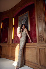 Exquisite Spring 1993 John Anthony Hand Beaded One Shoulder Dress on Pale Gold Silk Net