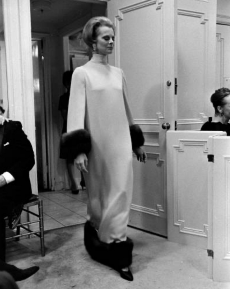 Fall 1966 Norman Norell Couture Ivory Silk Crepe Dress w Natural Mink Cuffs & Hem Detailing