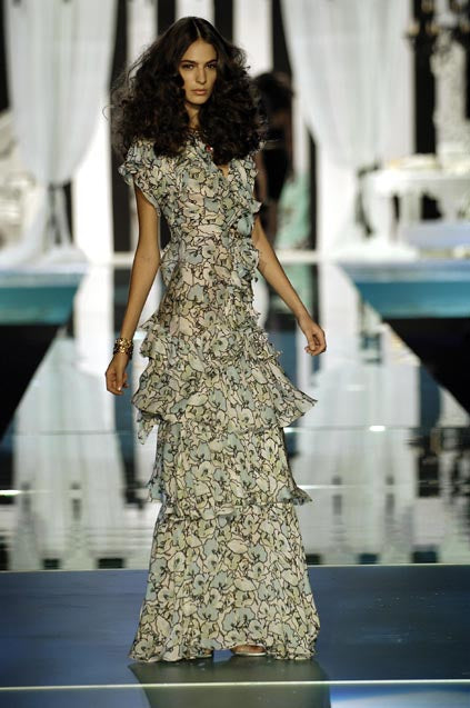 Spring 2006 Roberto Cavalli Runway Look 36 Silk Chiffon Floral Print Dress w Daring Plunges