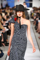 Resort 2012 Oscar de la Renta Look 51 Deep Blue Dot Runway Dress w Ruffled Shoulder