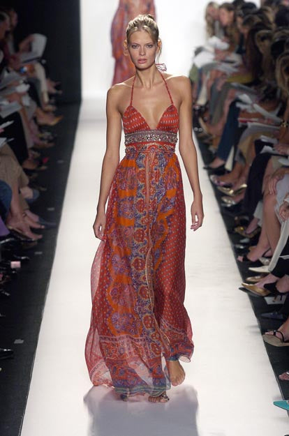 Dreamiest Spring 2005 Oscar de la Renta Runway Print Silk Chiffon Caftan Dress W Beaded Detailing