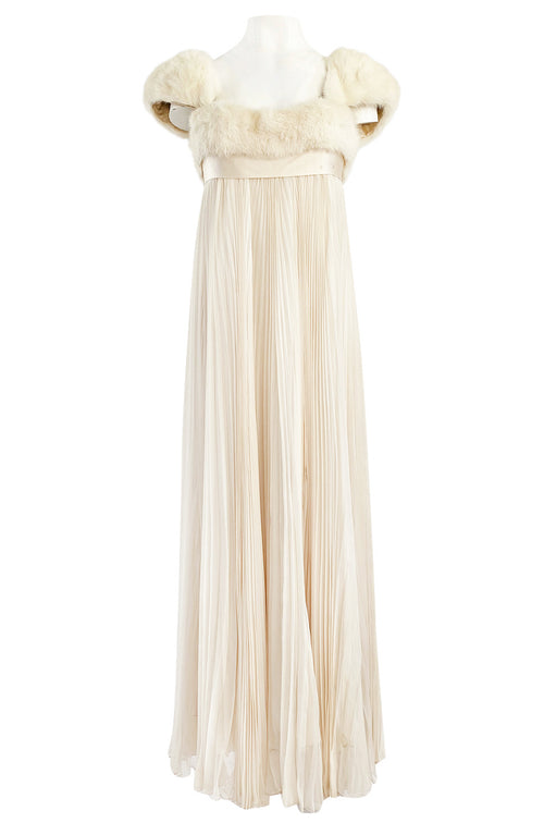 1964 Sarmi Ivory Knife Pleated Silk Chiffon Dress w Cream Mink Bodice & Silk Ribbon Detail