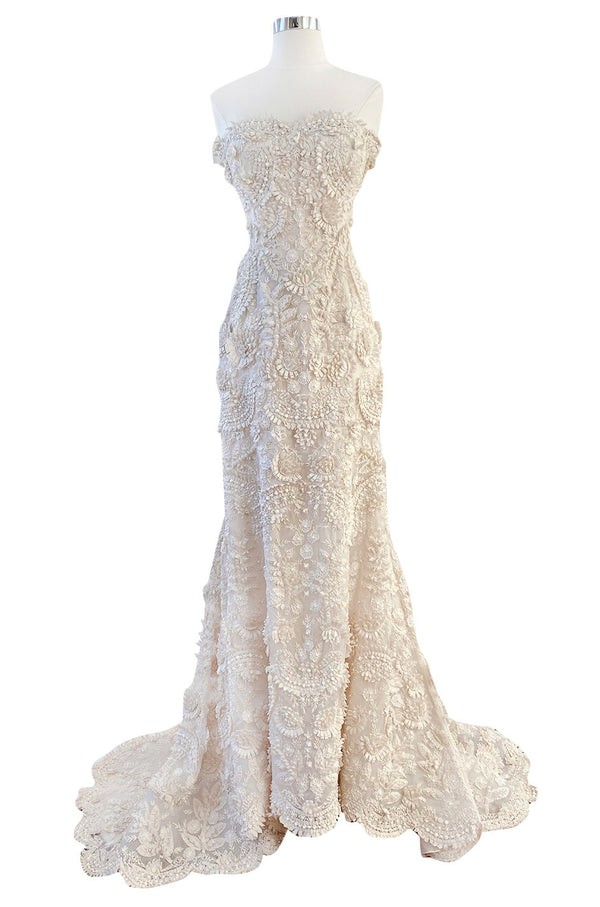 Spring 2008 Oscar De La Renta Embroidered Beaded Ribbon Work Floral Silk Organza Wedding Dress