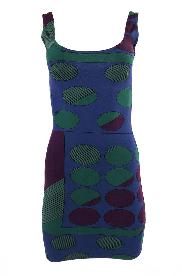 1980s Liza Bruce Printed Spandex Stretch Fitted Body Con Dress