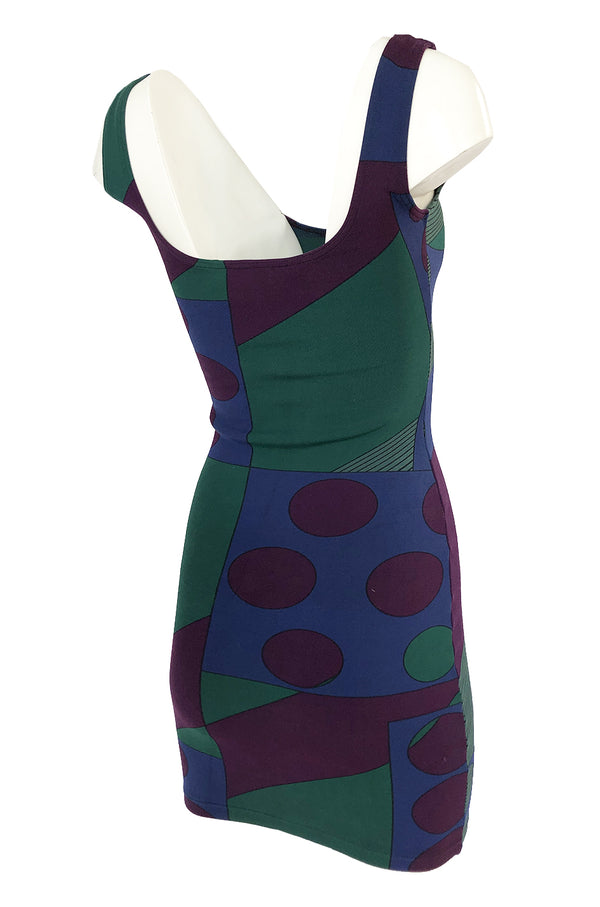 1980s Liza Bruce Printed Spandex Stretch Fitted Body Con Dress