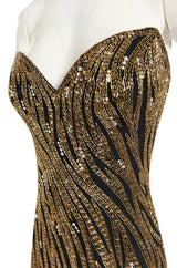 Stunning 1980s Bob Mackie Gold Glass Beaded & Silk Chiffon Strapless Dress