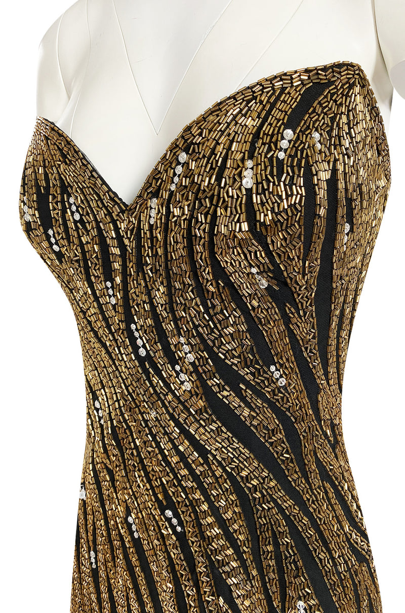 Stunning 1980s Bob Mackie Gold Glass Beaded & Silk Chiffon Strapless Dress