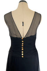 1980s Chanel by Karl Lagerfel Black Silk Chiffon Dress w Gold Button Detailing