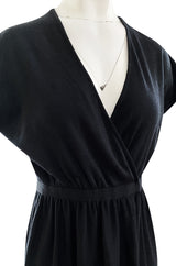 Classic 1970s Halston Soft Black Wool Jersey Front Wrap Dress w Plunging Neckline