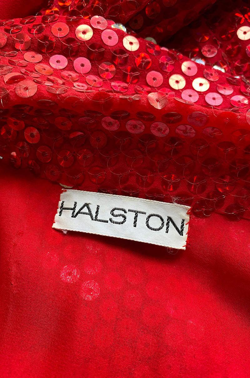 Iconic 1970s Halston Couture Glossy Red Sequin Full Length Wrap Dress w Plunge Front