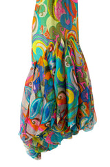 1971 Pierre Cardin Couture Printed Silk Organza Ruffled 'Roundel' Hem Dress