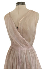 Rare Late 1940s Jacques Fath Pale Nude Silk Organza Dress w Full Skirt & Plunge Front