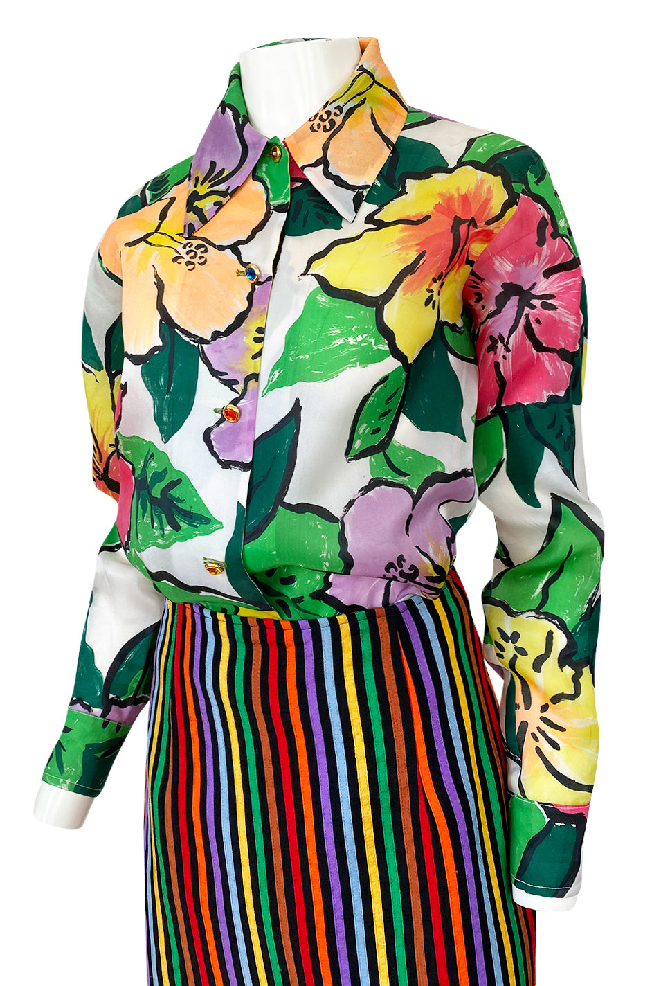 Spring 1992 Todd Oldham Floral Top w Rainbow Striped Jacket & Skirt Su ...