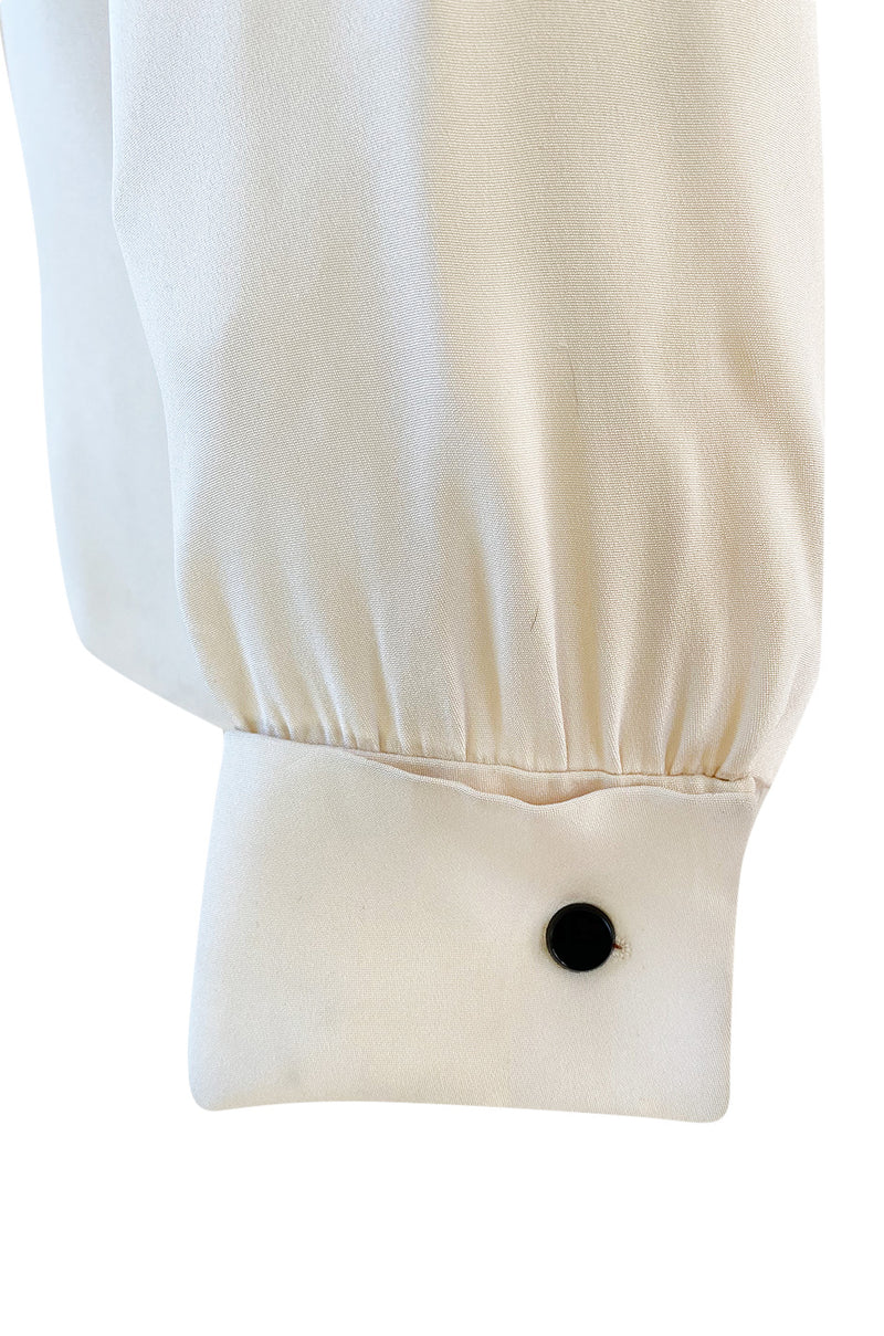 1990s Yves Saint Laurent Haute Couture Ivory Cream Silk Top w Bow & French Cuffs