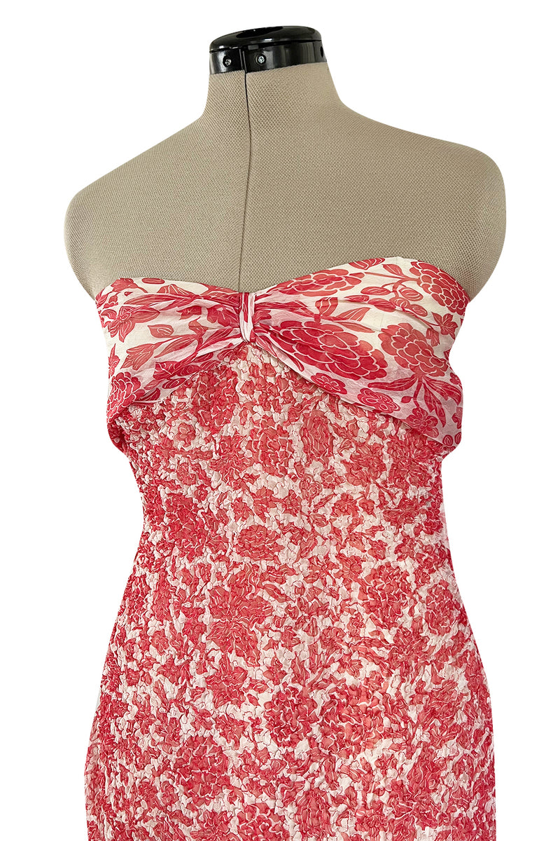 1982 Guy Laroche Haute Couture Floral Print Silk Chiffon Strapless & Caped Back Dress