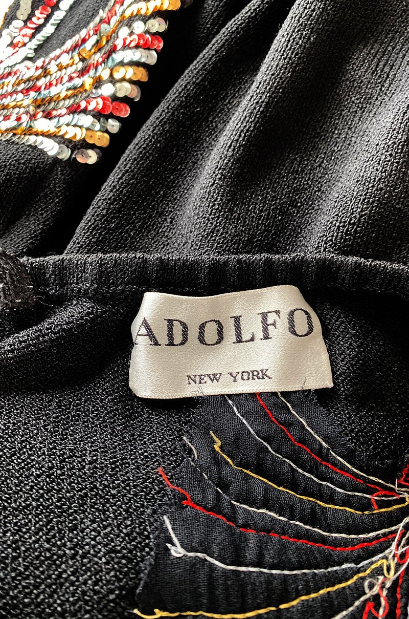 Stunning 1970s Adolfo Black Couture Knit Sequin Dress Rhinestone – w Detailing Shrimpton 