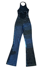 1980s OMO Norma Kamali Black Sequin Stretch Jumpsuit w Blue Sequin Pattern at the Back