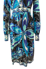 – Silk Shrimpton Floral Printed Blue Ocean Emilio w Couture Bold 1960s Jersey Pucci Dress