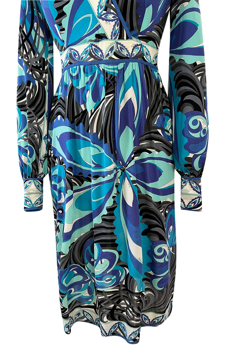 Dress Bold Pucci Printed Shrimpton – Blue 1960s Floral Couture w Ocean Emilio Jersey Silk