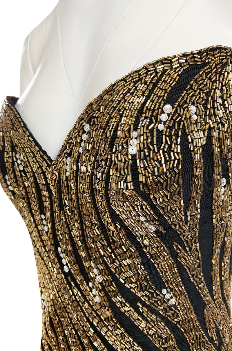 Stunning 1980s Bob Mackie Gold Glass Beaded & Silk Chiffon Strapless Dress