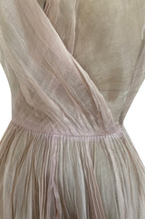 Rare Late 1940s Jacques Fath Pale Nude Silk Organza Dress w Full Skirt & Plunge Front