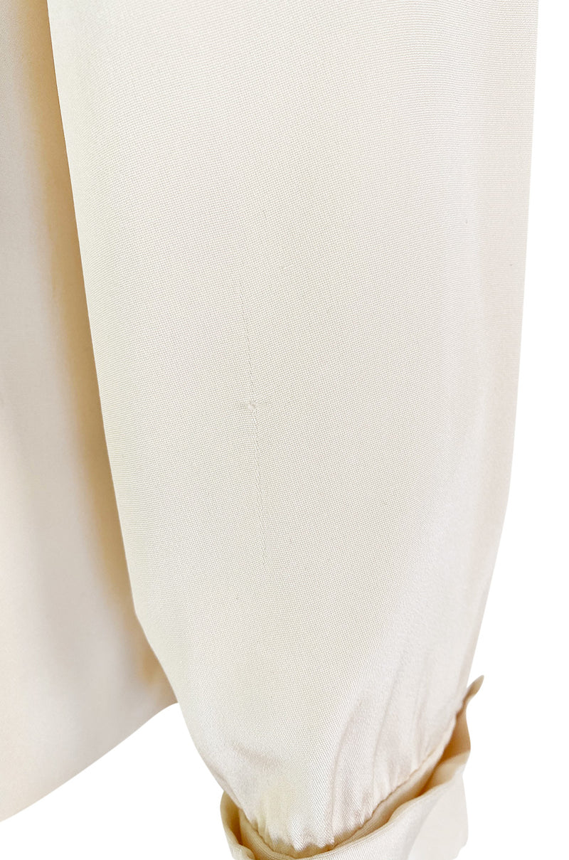 1990s Yves Saint Laurent Haute Couture Ivory Cream Silk Top w Bow & French Cuffs