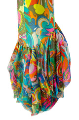 1971 Pierre Cardin Couture Printed Silk Organza Ruffled 'Roundel' Hem Dress