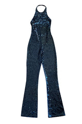 1980s OMO Norma Kamali Black Sequin Stretch Jumpsuit w Blue Sequin Pattern at the Back