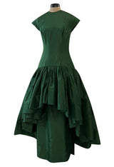 Rare 1977 Madame Gres Haute Couture Dress & Cape in a Deep Green Silk Taffeta