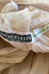 Rare Late 1940s Jacques Fath Pale Nude Silk Organza Dress w Full Skirt & Plunge Front