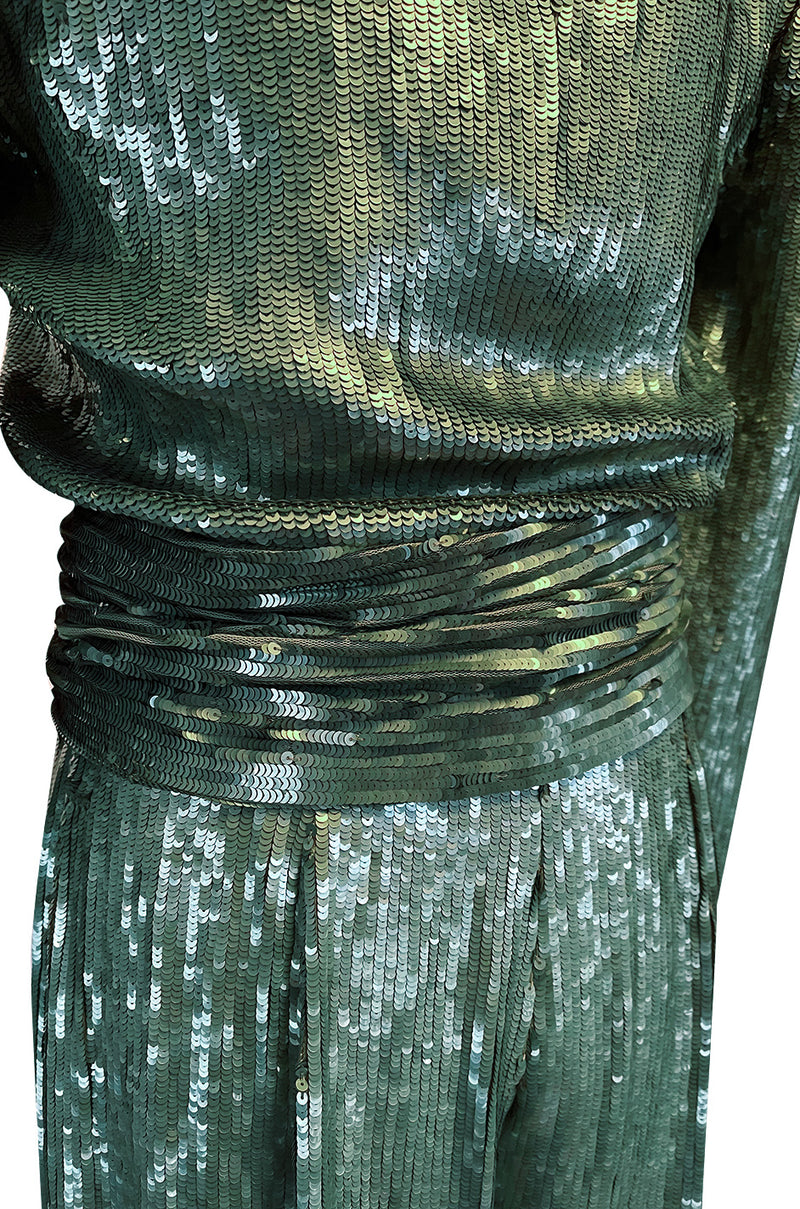 Amazing 1979 John Anthony Couture Sea Green Jumpsuit Completely Covered in Sequins