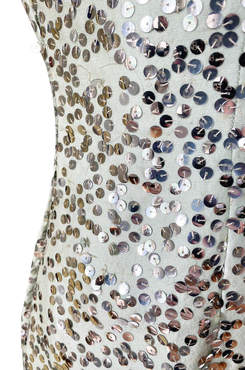 1960s Gene Shelley Pale Ice Blue Silk Dress w Silver Sequins & Beads ...