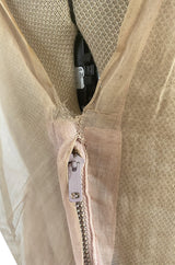 Rare Late 1940s Jacques Fath Pale Nude Silk Organza Dress w Full Skirt & Plunge Front