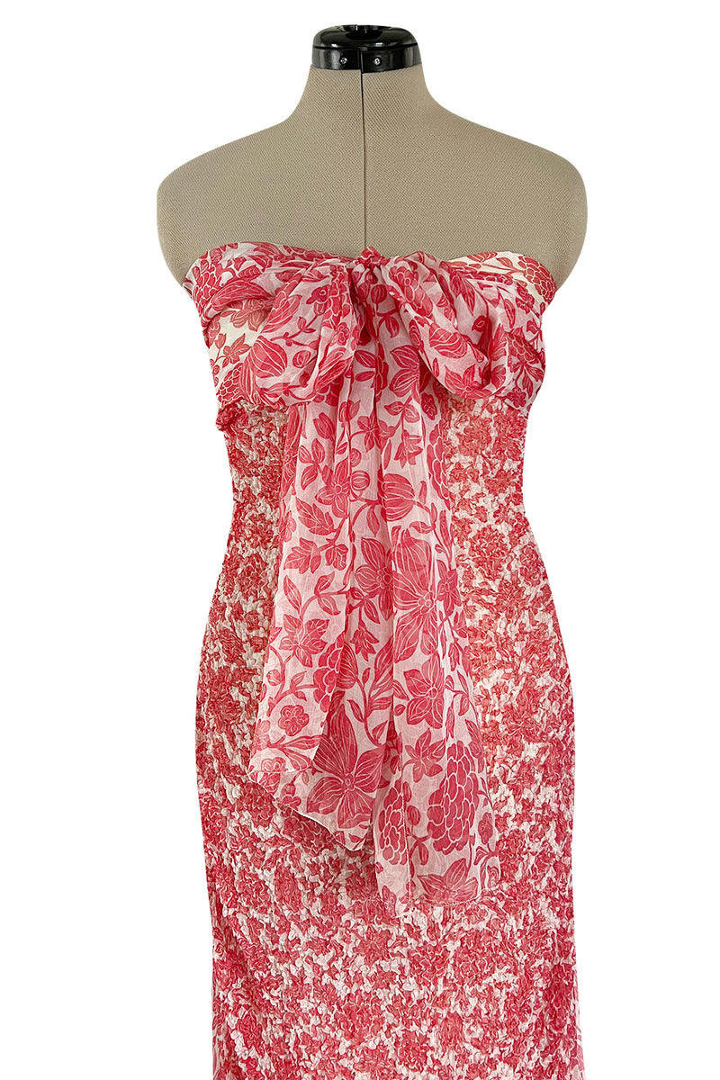 1982 Guy Laroche Haute Couture Floral Print Silk Chiffon Strapless & Caped Back Dress