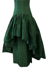 Rare 1977 Madame Gres Haute Couture Dress & Cape in a Deep Green Silk Taffeta