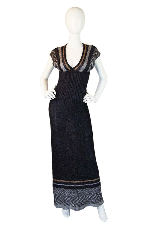 1970s Metallic Knit Plunge Maxi Dress