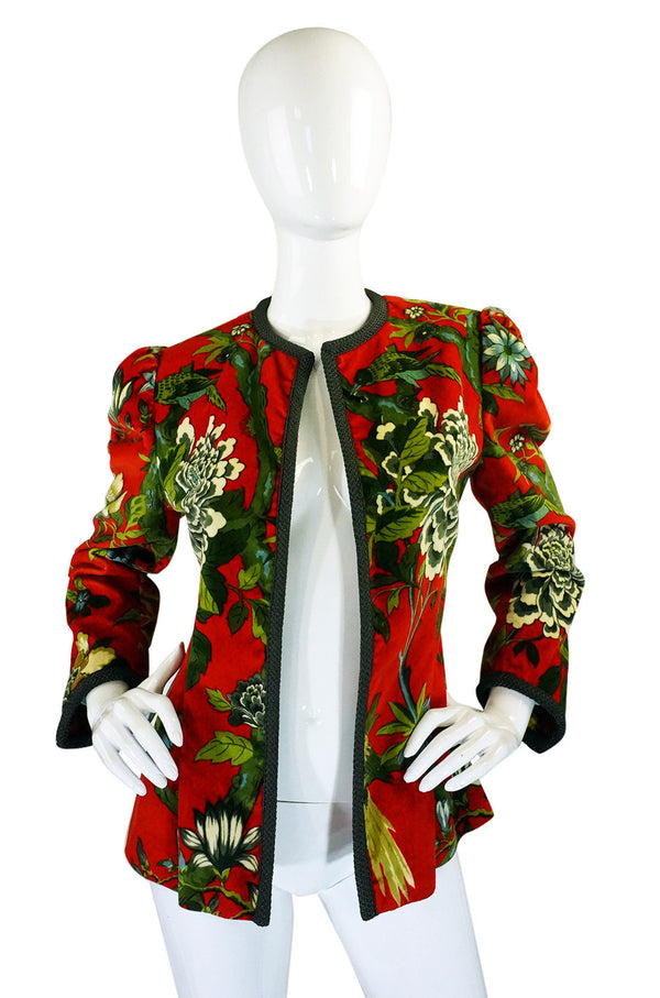 1970s Velvet Bird Print Silk Lined Jacket