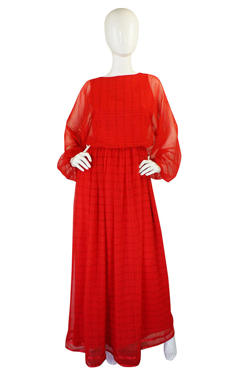 1970s Red Chiffon Victor Costa Maxi