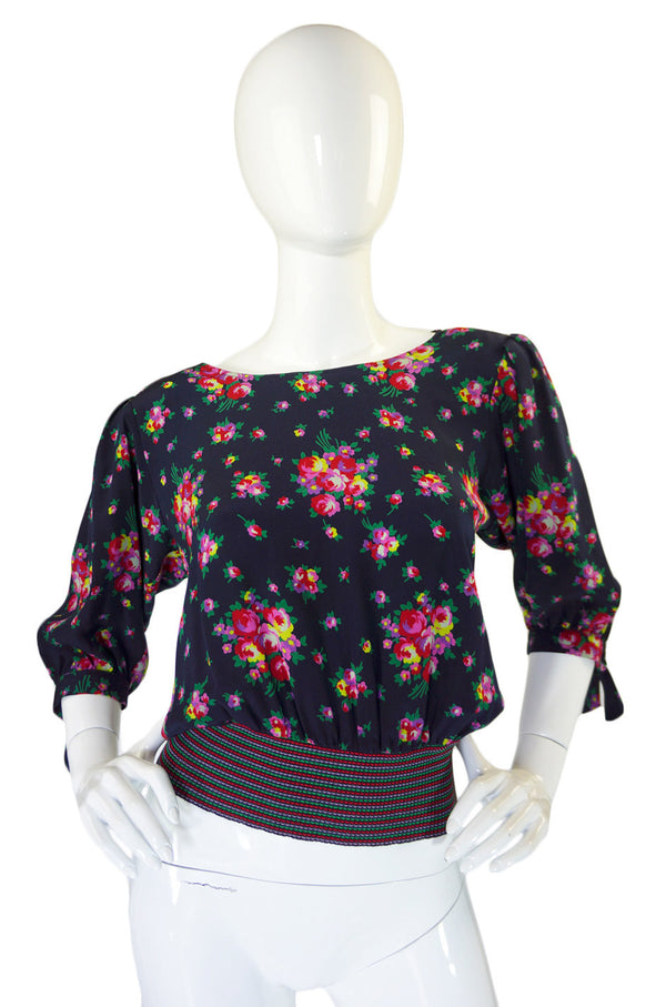 1970s Ungaro Floral Silk & Rib Finish Top