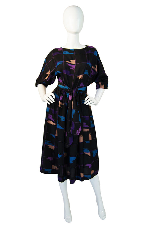 1980s Silk Print Day Dress with Sash