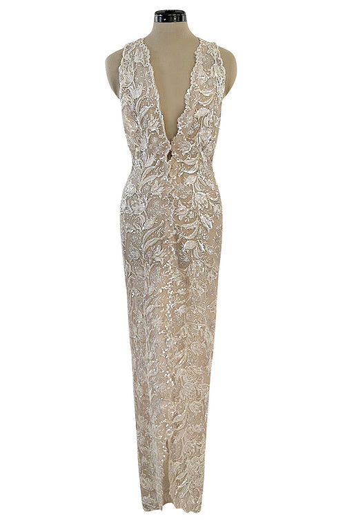 Feather Light Spring 1984 John Anthony Couture Plunging Ivory Lace Dress w Sequin Detailing