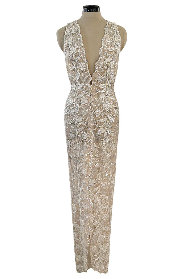 Feather Light Spring 1984 John Anthony Couture Plunging Ivory Lace Dress w Sequin Detailing